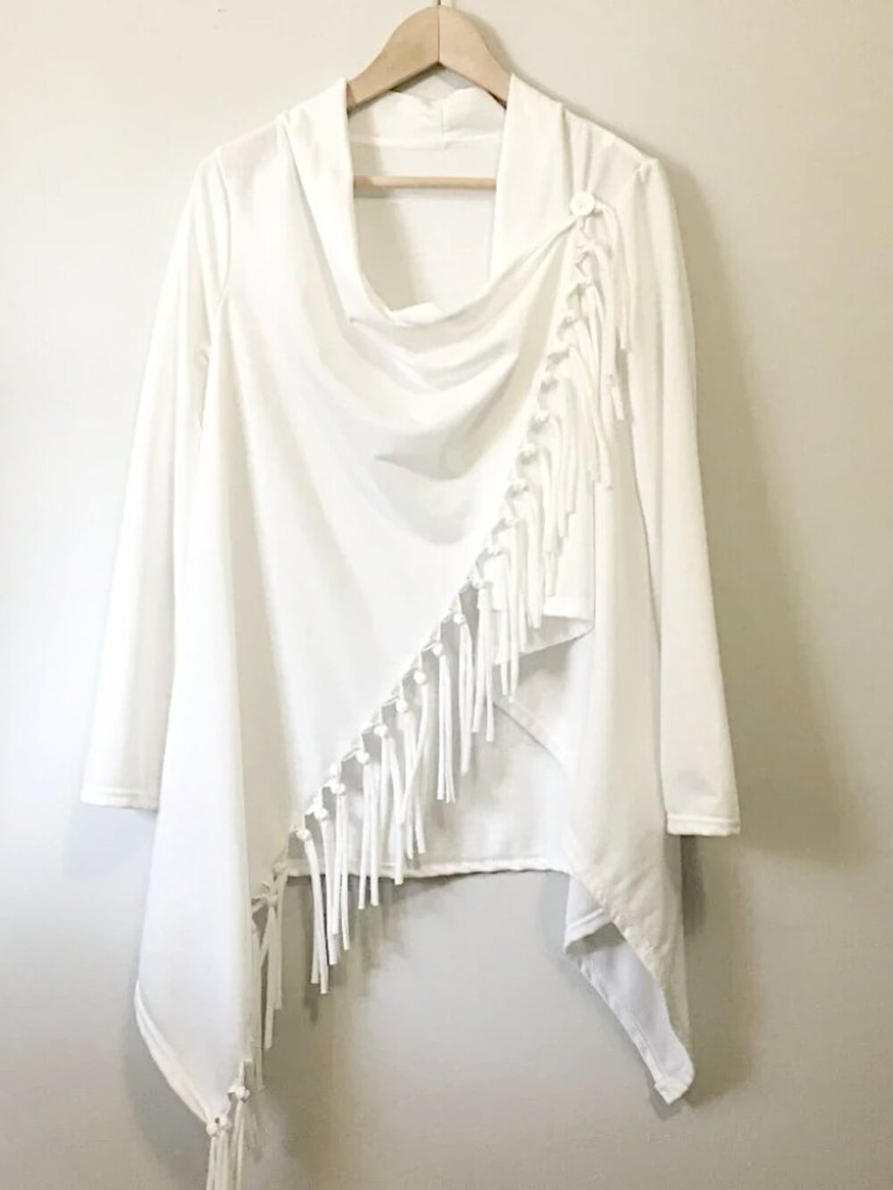 White Coastal Cowgirl Boho Festival Tassel-Trim Cardigan Wrap Large